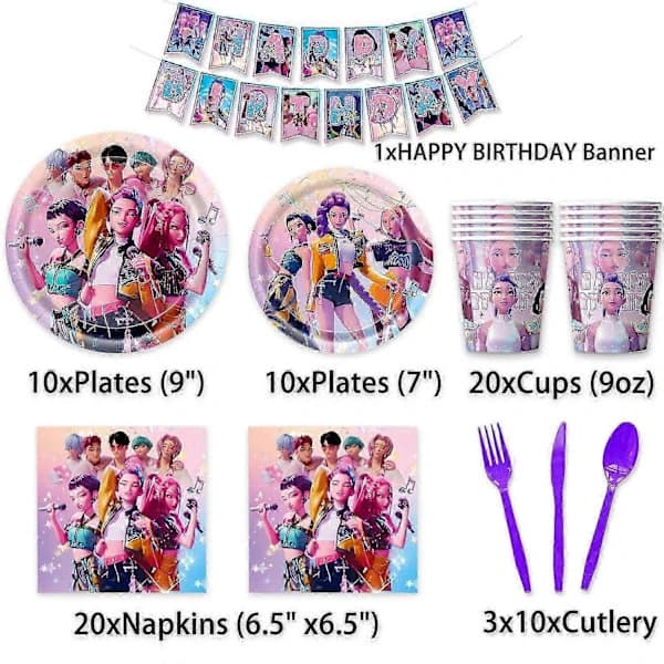 KPop Demon Hunters Birthday Party Set for Kids - Plates, Cups, Balloons, Cake Topper, Tablecloth Table Decorations Set B Set B Set B