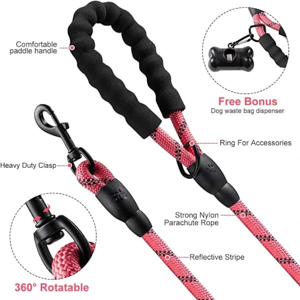 FT Strong Dog Leash with Comfortable Padded Handle and Highly Reflective Threads for Small, Medium, and Large Dogs (1.5 m, Pink)