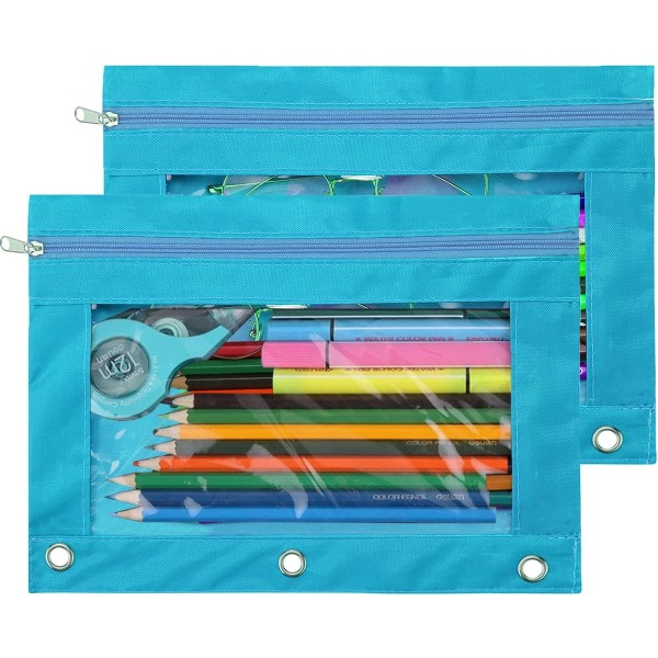 IC Pennmappe 3 Ring, Glidelås Pennmappe Case Binder Kosmetik Blå