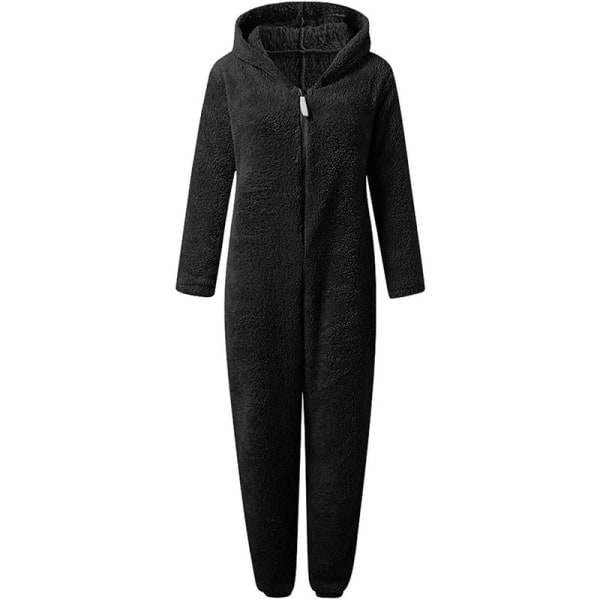 Hættetrøje med dragkedja for kvinder Plysch långärmad pyjamas Bodysuits i et stykke BLACK S