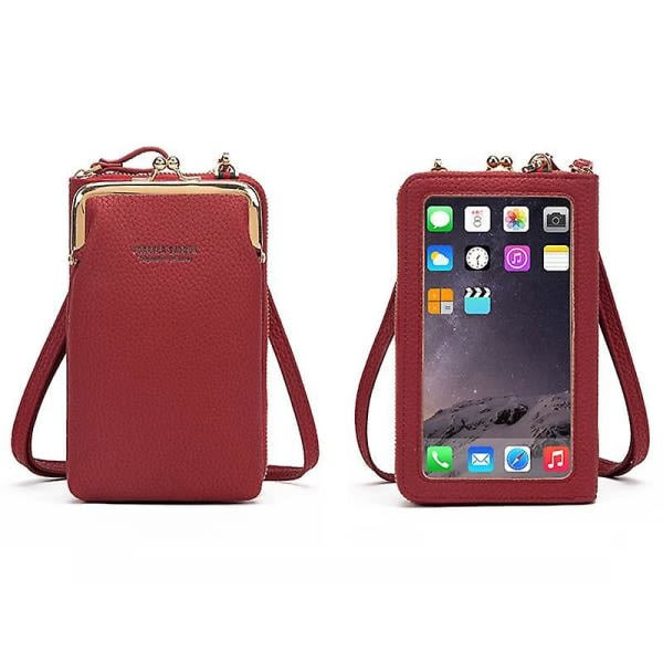 Snygg PU-läder Touch Screen Telefon Väska Myntväska Crossbody-väska för Kvinnor Vinröd