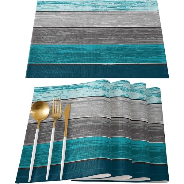 Set med 6 bordstabletter, retro rustik lada trästruktur polyester fläckbeständig tvättbar bordstablett blå grå