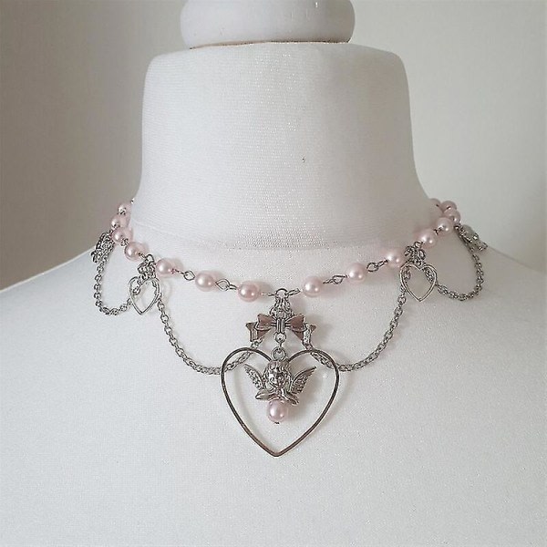 Handgjorda läckra änglalika rosa pärlor med pärlor med hjärtan och kerubberlocker Y2k indiesmycken Pixie Fairy Core Halsband