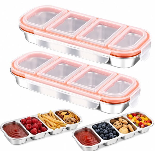 304 rustfrit stål Bento madkasse, 4 rum, lækagesikkert låg, 500 ml sæt med 2 til skole, arbejde, madforberedelse, sølv