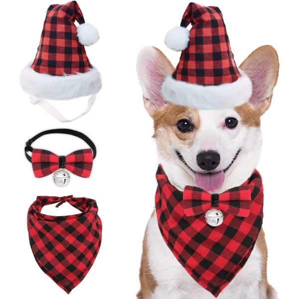 Julhundbandanahatt fluga Set Klassisk röd rutig julmössa med halsduk Hundjulkostymtillbehör för små och medelstora hundar och katter