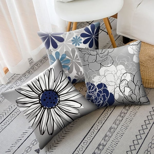 IC Blå putetrekk 18x18 Sett med 4 Grå dekorative trekk for sofa Moderne Daisy Case for stue, 18″×18″