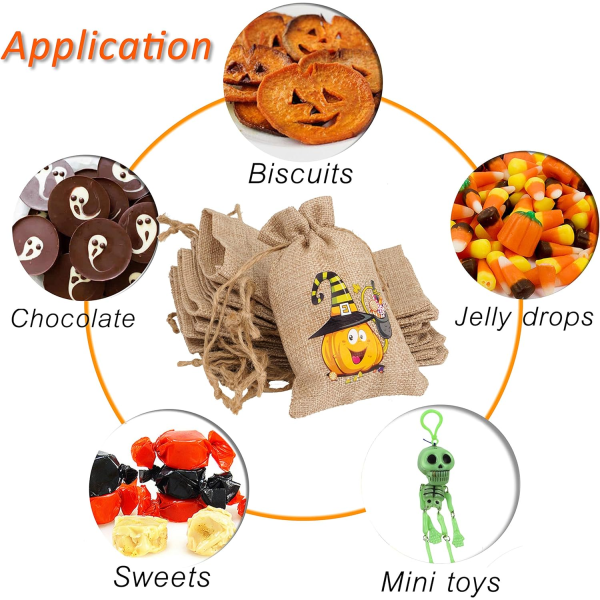 IC 48 stk Halloween jutepose gaveposer, slikposer med snøre til børn Halloween Party Favor