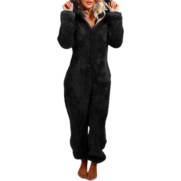Hettegenser med dragkedja för kvinner Plysch långärmad pyjamas Bodysuits i ett stykke BLACK S