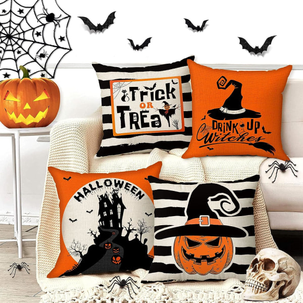 IC Happy Halloween kuddfodral 18 x 18 Sett om 4 med 4 bonSLUS dekorative glassunderlägg, lSLINne Spooky PumpkSLIN Witch Castle