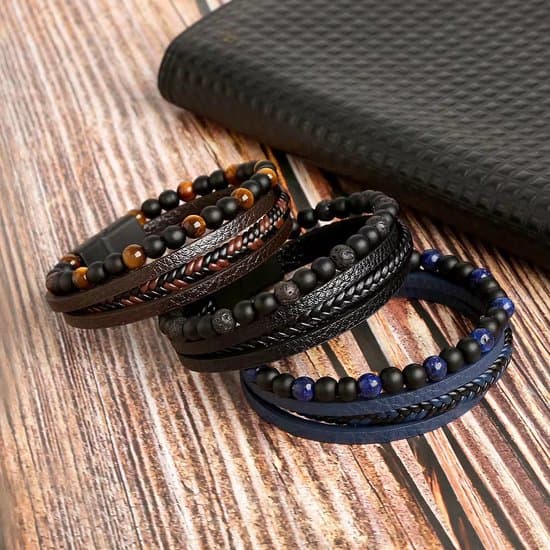 KHRONOX Blått flätat PU-läderarmband för män med naturstenspärlor, magnetlås i rostfritt stål, 23 cm, present