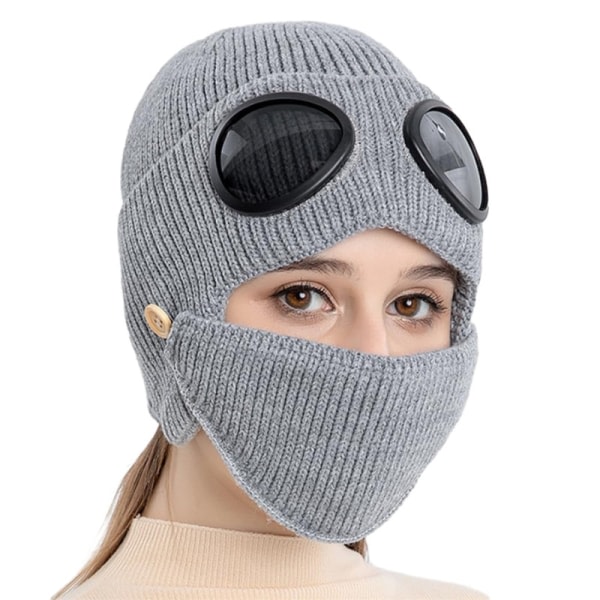 Unisex Goggle Stickad Beanie Hat Outdoor Winter Warm Ski Hat med Goggle Grey