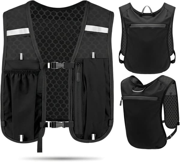 Løbevest, åndbar polyesternet, reflekterende striber, justerbar pasform, unisex til løb, cykling, vandreture og maraton, sort