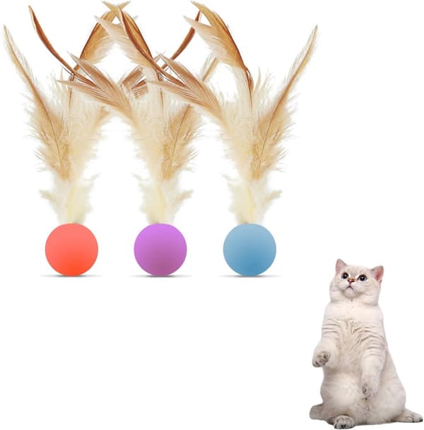 3 kattelegetøj - Kattebold med fjer, interaktive elastiske kattebolde - Orange, Blå, Lilla - 3*13 cm