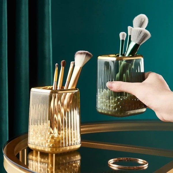 IC 2-delt Makeupbørsteholder Organizer, Akryl Guld Makeupbørsteholder Beholder til Badeværelsesbordplader, Børsteholder Makeupkopper