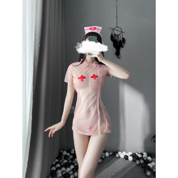 Sæt til damer Sexet sygeplejerske Cosplay-kostume Fancy Dress Glamour Mesh Pyjamas
