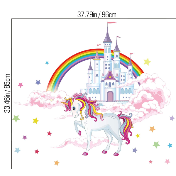 IC Fargerike Unicorn Veggklistremerker Unicorn Veggdekor med Regnbue Hvit Slott DIY Avtagbare Rosa Skyer Stjerner Veggkunstdekor
