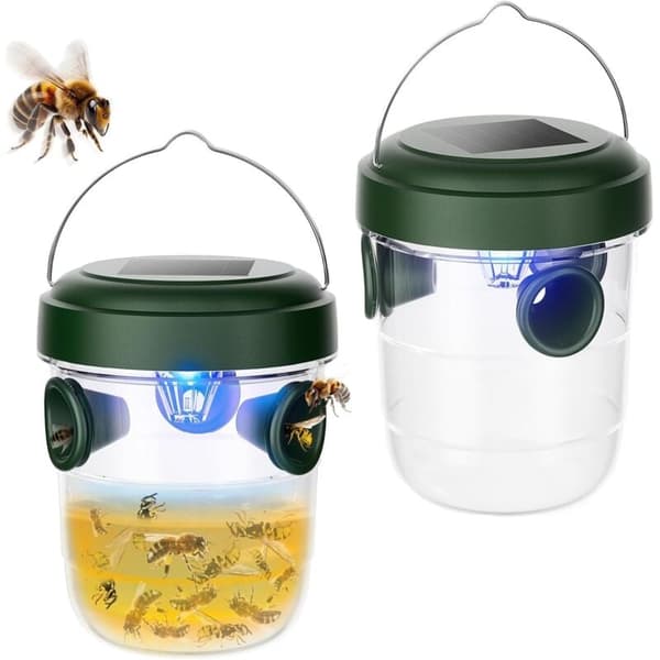2-pack hängande getingfälla utomhus, solcellsdriven getingfälla för träbin, bålgetingar, getingar med LED-ljus, uteplats och trädgård