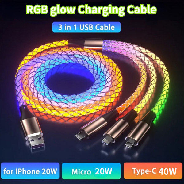 Glødende LED-lys kabel Hurtigopladningskabel Type C Micro USB