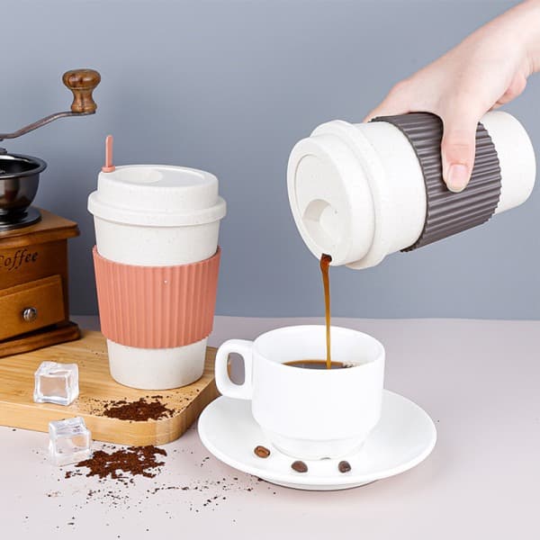 IC Återanvändbara kaffekoppar med lock Wheat Straw Portable Coffee Cup Gray