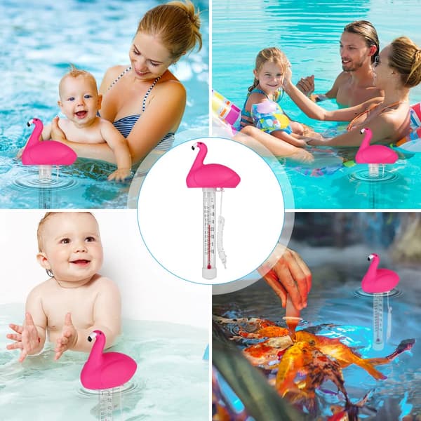 Flydende pooltermometer, pooltermometer, flydende termometer med snor, udendørs/indendørs pooltermometer, pools, kar og akvarier, flamingoer Flamingos