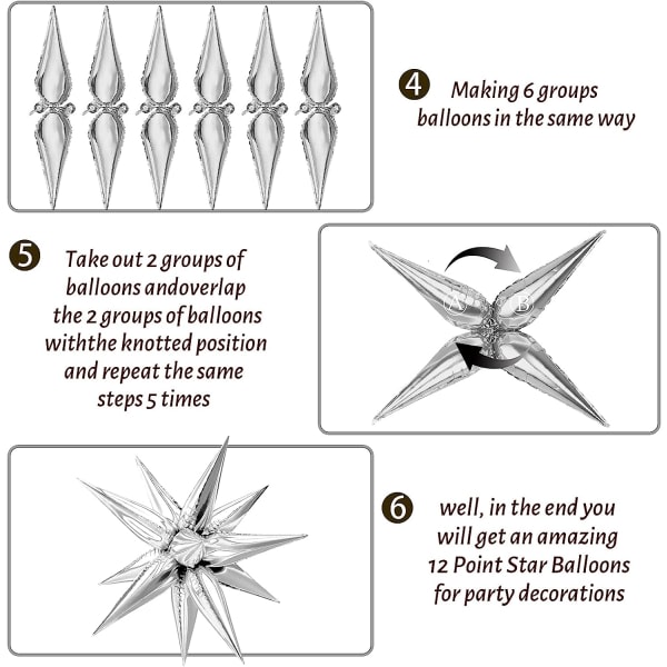 IC 50 stk eksplosionsstjerne folie balloner - 12 punkts stjerne balloner, Sølv Starburst Cone Mylar balloner Spike balloner til festtilbehør