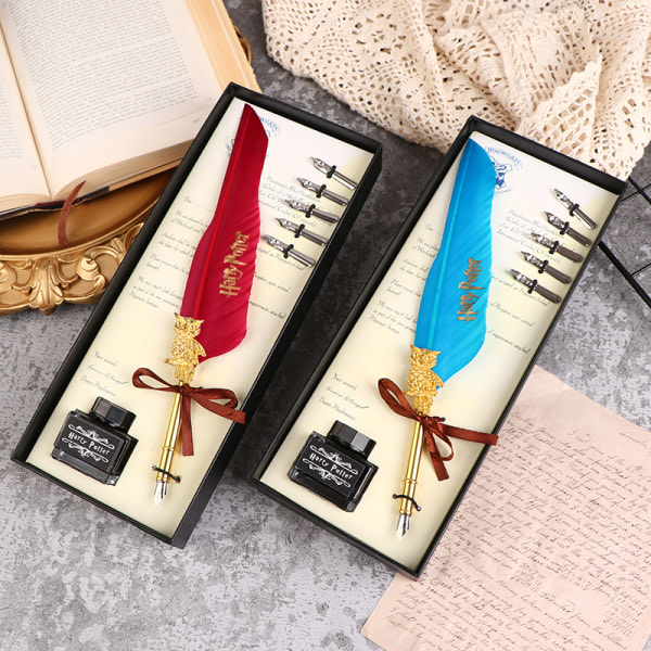 1Set Harry Potter fjäder dopp penna skrivbläck set som present vinröd