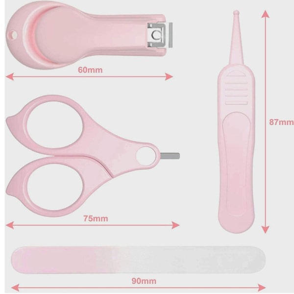 IC Baby nagelsats, 4-i-1 baby sæt med sødt etui, baby nagelklippare, sax, nagelfil & pincett-rosa
