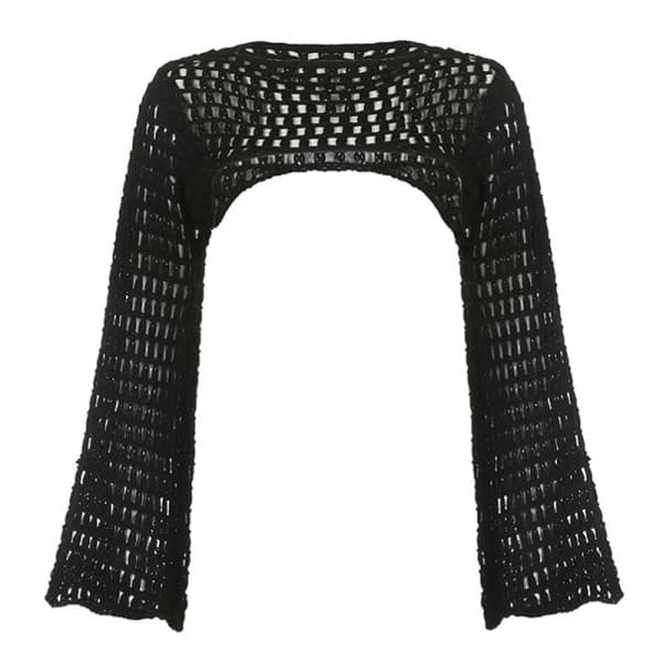 IC Kvinder Strikket Hollow Out Crop Top Lang Flared Shrug Sweater Sort