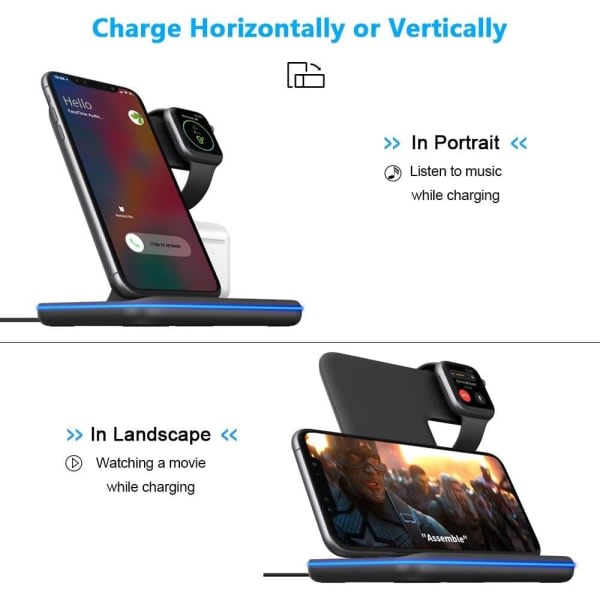 IC Trådlös laddare 3 i 1 15W snabbladdningsställ för Apple Schwarz