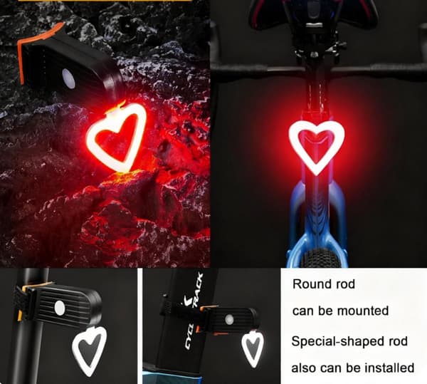 Cykelbaglygte, USB Genopladelig LED, Høj Lysstyrke, 5 Tilstande, Hjerteformet Rødt Sikkerhedslys til Natcykling