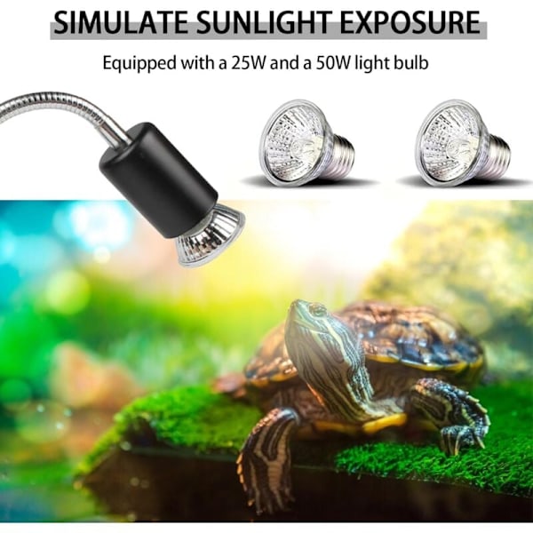 Sköldpaddsvärmelampa Kit Reptil Värmelampa med 2 UVA UVB-lampor 25W 50W Sköldpaddslampa Lång Bas 360 Rotation för Sköldpadda Reptilödlor Ormar Kameleonter