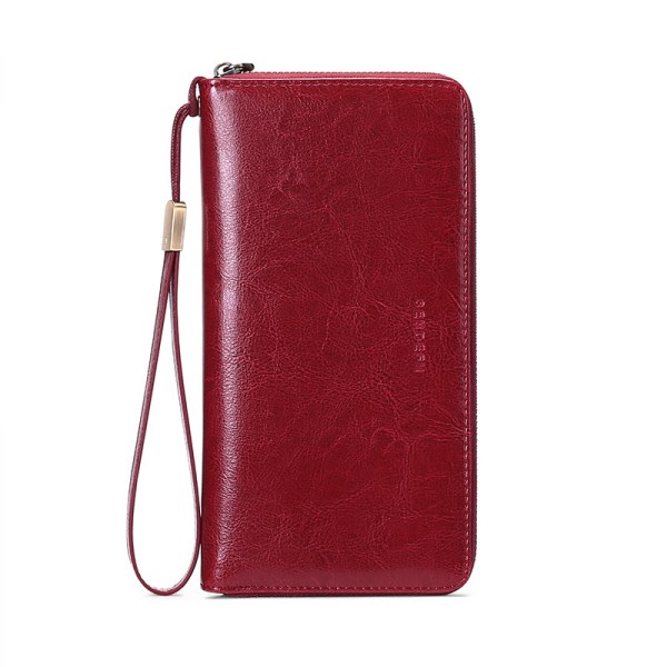 Damplånbok RFID-blockerande läder blixtlåsplånbok Koppling Handledsrem Resor lång plånbok, Rfid-plånbok (vinrød)
