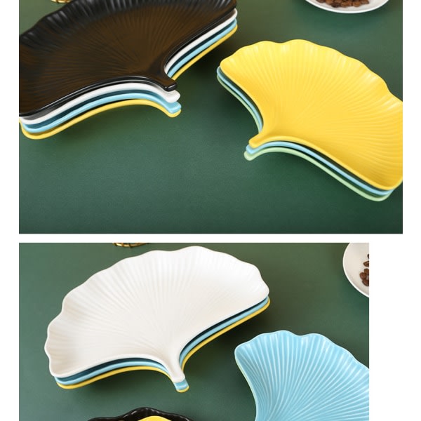 IC Keramisk Dekorationstallerken Hjemindretning Hjemrestaurant Gylden Ginkgo Blad Frugtfad, Blå, 28*21,5*4cm