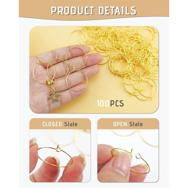 100 st Vinglas Charm Ringar - 25 mm guldpläterade ringar