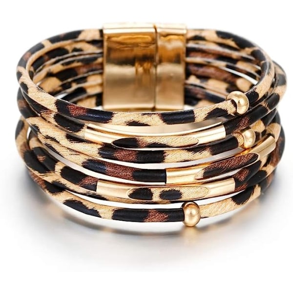 IC Fesciory Lær armbånd for kvinner, Boho Leopard Multi-Layer Krystallperler Mansjettarmbånd Smykker