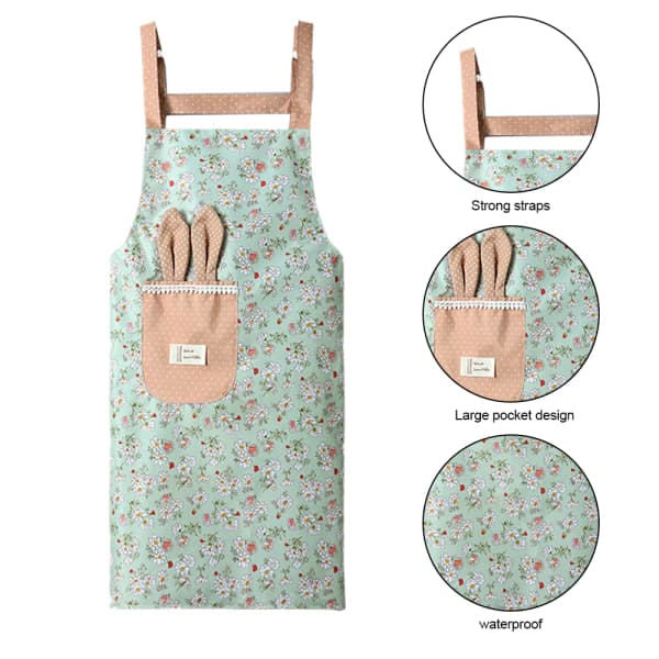 2-pack blommiga kaninöronförkläden för kvinnor, sommar, vattentäta, gröna