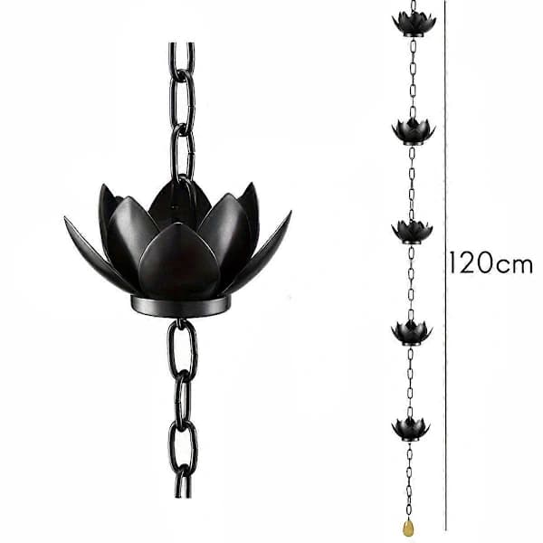 Lotus Regnkæde til Nedløbsrør, Justerbare Metal Regnkopper Rustbestandig Udendørs Dræning til Have Terrasse Gårdhave, Sort