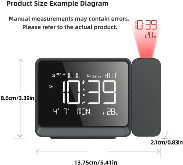 Digital projektionsväckarklocka med stor LED-display, Bluetooth-tidssynkronisering, USB-laddningsport, justerbar volym, sovrum, svart