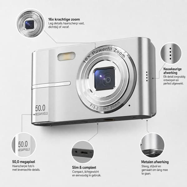 Digitalkamera, 50 Megapixel, 4K Video, 16X Digital Zoom, Autofokus, 2,4-tommer LCD, Kompakt Kamera Til Vlogging Og Rejser, Sort