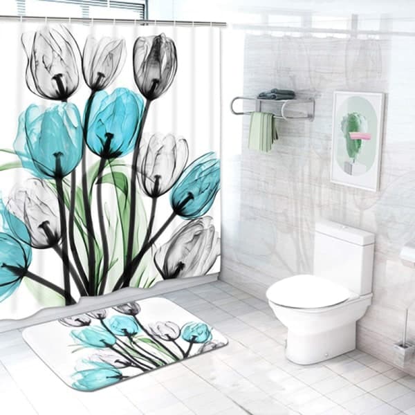 IC Inredning Tulip Baderomsmatte Sett Vanntett polyesterstoff Baderomsgardin 90*180