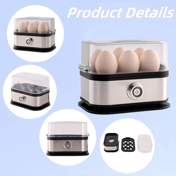 Elektrisk eggkoker, 6 egg kapasitet, rustfritt stål og PP, automatisk avslåing, bløtkokt, medium og hardkokt, hjemmefrokost