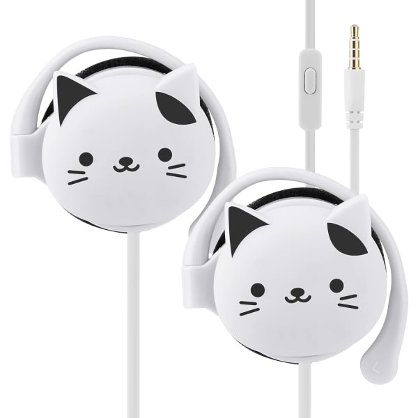 IC Cat Earbuds för barn med öronkrokar, Kawakii Wired Over Ear-hörlurar Hörlurar Presenter till skolflickor och pojkar med mikrofon och öronöglor Vit