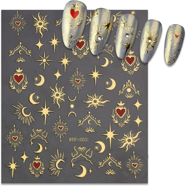 IC 3 ST 3D nagelklistermärken för nail art, roséguld klistermärken Sol Måne Stjärna Nageldekaler Självhäftande Hjärta nail art