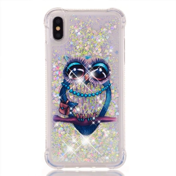 IC Case iPhone Xs Maxille, Blue Owl Liquid Bling Glitter Flödande Quicksand case Söt Klar Mjuk Stötsäker TPU Slim Skydd