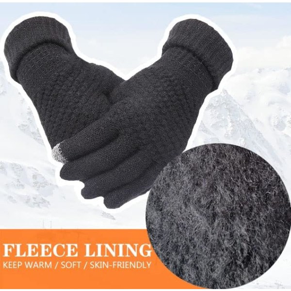 2 par vinterhandskar med pekskärm för kvinnor varma stickade handskar Fleecefodrade elastisk manschett Vintertexthandskar (svart+beige)