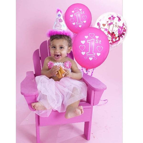1 Års Pojke Födelsedagsdekoration, 1:a Födelsedag Dekoration, Ballong Blå Konfetti för 1-årsfest Barnfödelsedag Grattis på Födelsedagen - Rosa