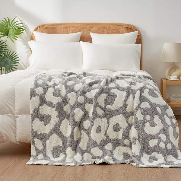 IC Grå Leopard Sängfilt för Soffa, Vändbar Slängfilt Varm Mysig Stickad Fuzzy Plysch Lättvikt för Soffa, Säng, Camping, Picknick, 50 x 60 tum