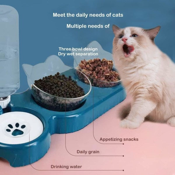 IC Höjd Dubbel Kattskål, Automatisk Mat- och Vattendispenser för Katter och Hundar, 15° Lutning, Nackskydd, Anti-kräkning, för Smådjur (Grå)
