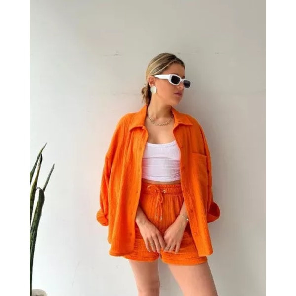 IC Kvinders Todelt Skrynklet Stof Lapel Langærmet Skjorte med Høj Talje Shorts med Snøre Stor Størrelse Mode Casual Dragt L