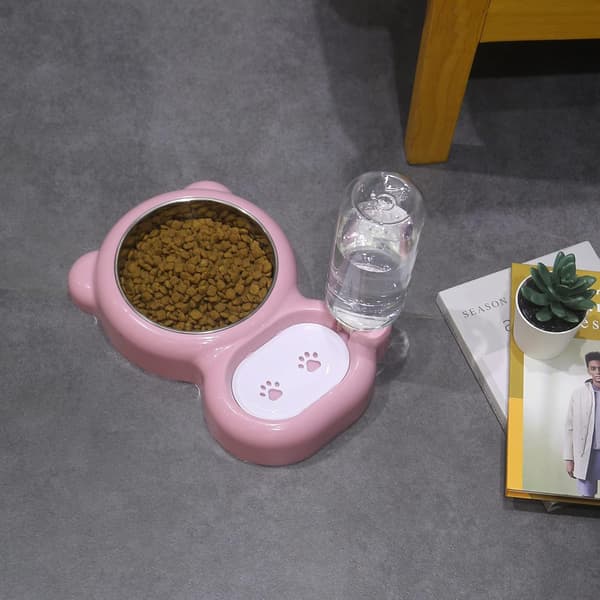 2-i-1 Kattefoder- og Vandskål - Automatisk Vanddispenser 500 ml med Rustfri Stålskål - Til Katte og Små Hunde - Pink